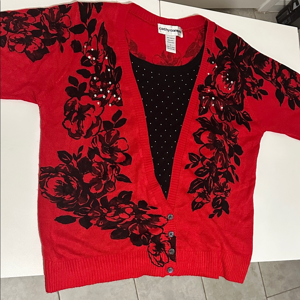 Cathy Daniels Red and Black Floral Cardigan